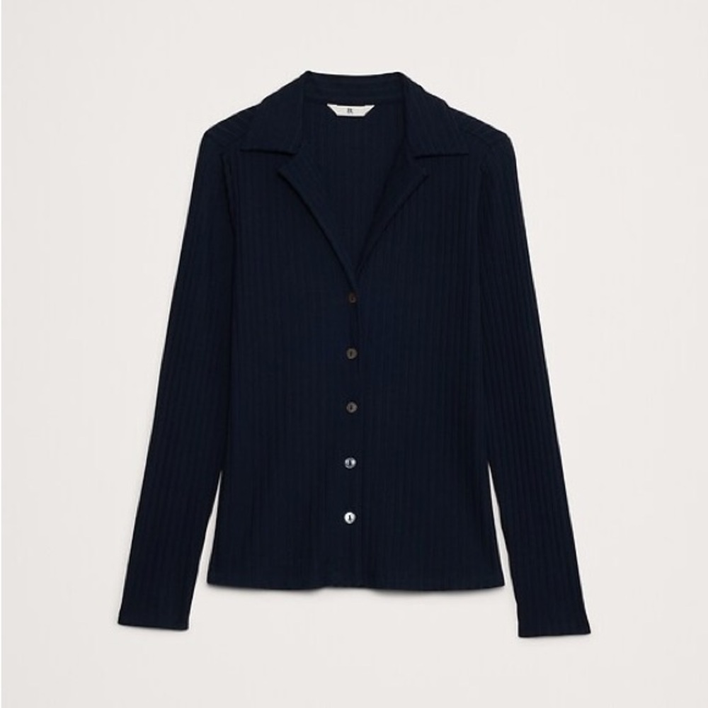 Black Ribbed Button-Up Long Sleeve Top